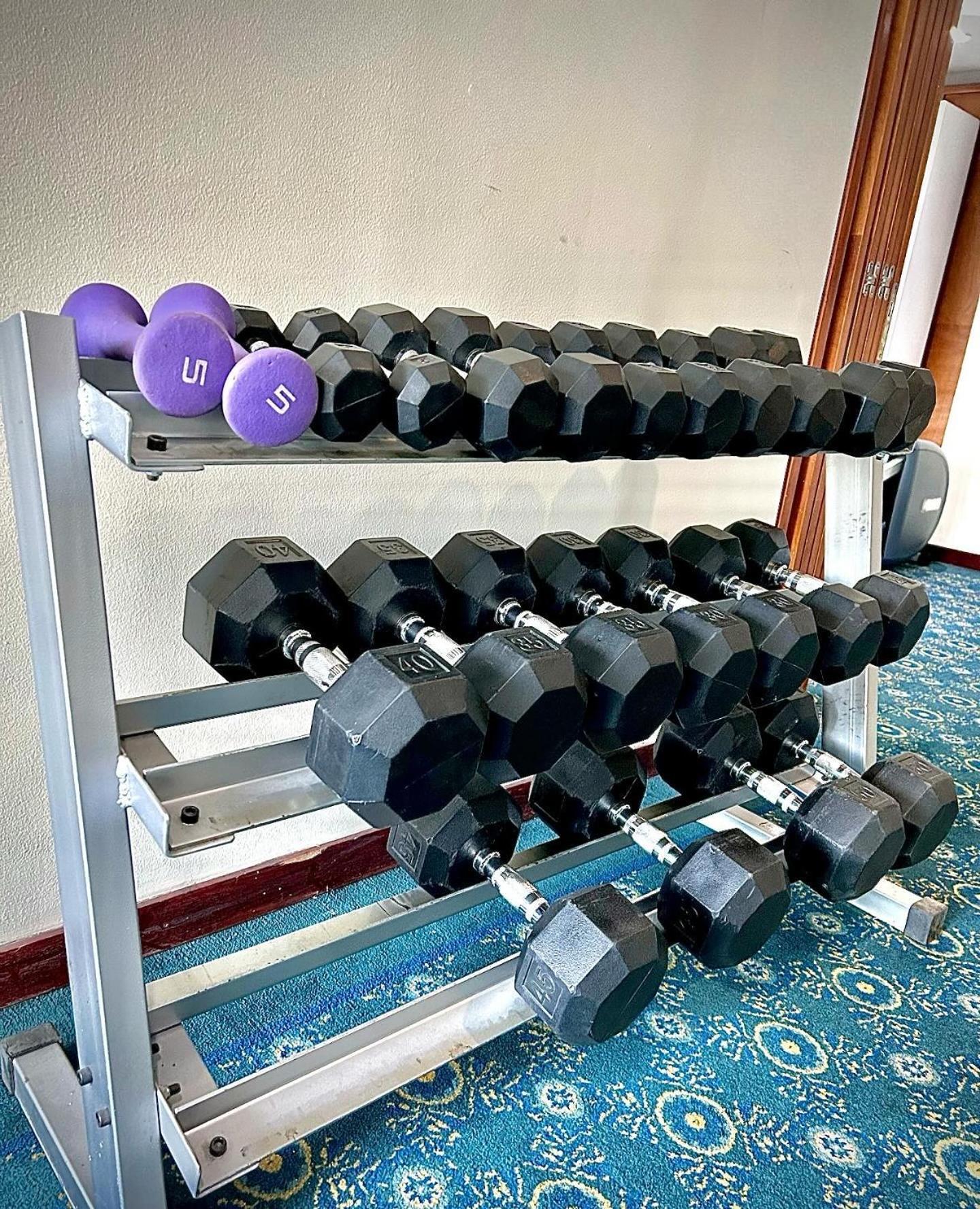 โรงแรมเตเกนดามา โบโกตา ภายนอก รูปภาพ The photo shows a rack of dumbbells. There are several pairs of dumbbells arranged by weight on the rack, with the lightest weights on top and gradually increasing in size as you move down. The top shelf features purple dumbbells marked with the numb